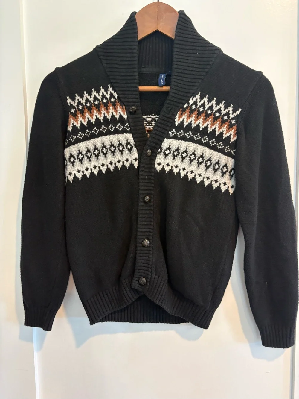 SOLD Janie and Jack Boys Black and Brown Fair Isle Shawl Collar Cardigan Size 8